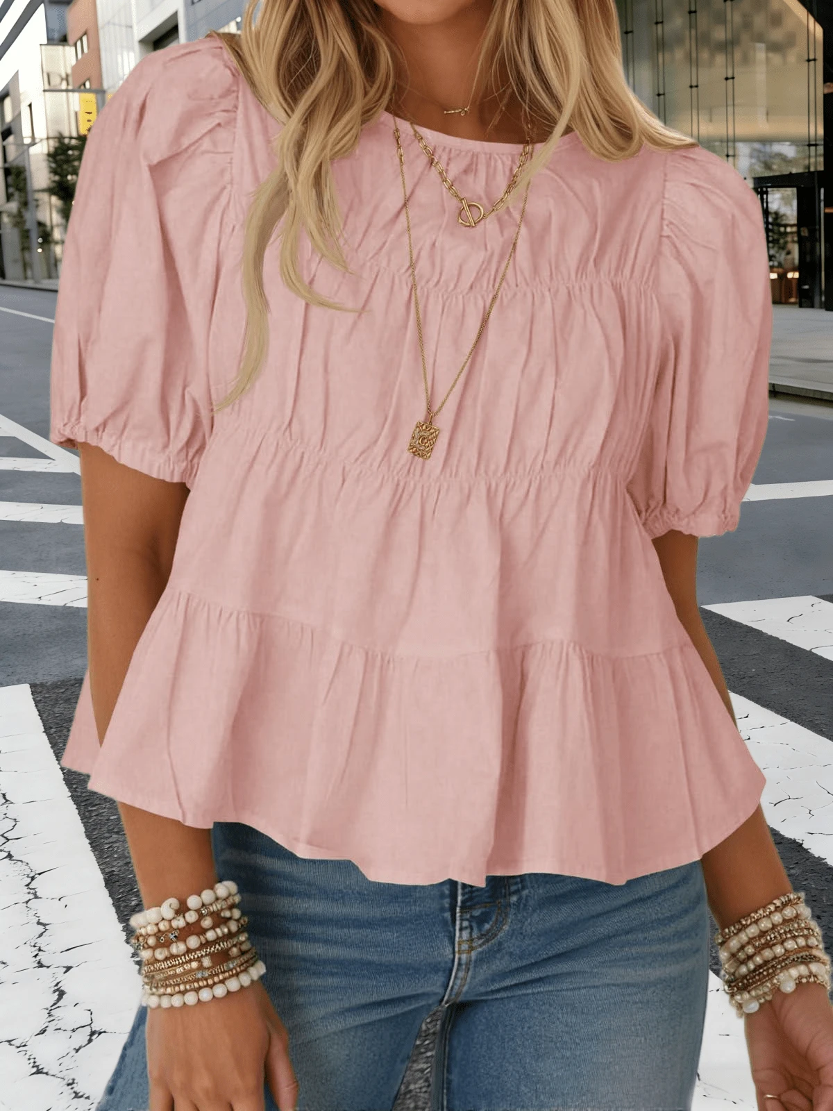 Womens Puff Sleeve Peplum Babydoll Tops Smocked Pleated Cotton T Shirts Summer Casual Loose Fit - 淺粉紅色 - 查看 1