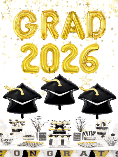11pcs Gold 2026 Graduation Balloon Set, Includes 2026 Gold Number Balloons, GRAD Letter Balloons, Graduation Black Mortarboard Balloons, Suitable For 2026 Graduation Party Decor, Congratulate 2026 Graduates, Graduation Celebration, Graduation Photo Backdrop Props