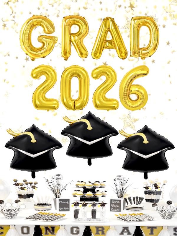 11 piezas Conjunto de globos dorados de graduación 2026, incluye globos con números dorados 2026, globos con letras GRAD, globos de birrete negro de graduación, adecuado para decoración de fiesta de graduación 2026, felicitar a los graduados de 2026, celebración de graduación, accesorios de fondo para fotos de graduación