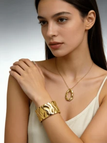 4件套304不锈钢镀金心形首饰套装 - 不对称手镯 + 镂空心形耳环 + 不对称吊坠项链，时尚夸张不对称首饰套装，时尚首饰礼盒套装 - 金色 - 查看 6