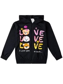 Girls' Fleece Sweatshirt With Hood And Zipper, Mid-Season Sweatshirt (Sizes 4-8), Thermal Winter Clothing - Black - View 2