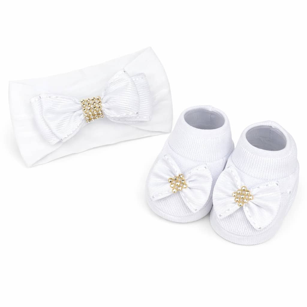 Baby Slippers And Headband Set For Newborns With Rhinestones And Assorted Bows - White - View 1