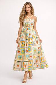 Women's Printed Dress With Thin Criss-Cross Straps At The Front, A Cutout At The Waist, And A Flared Midi Skirt – Romantic Dress With A Chic, Feminine Look And French Inspiration, Ideal For Dates, Parties, Travel, And Elegant Everyday Wear - 杏色 - 查看 1