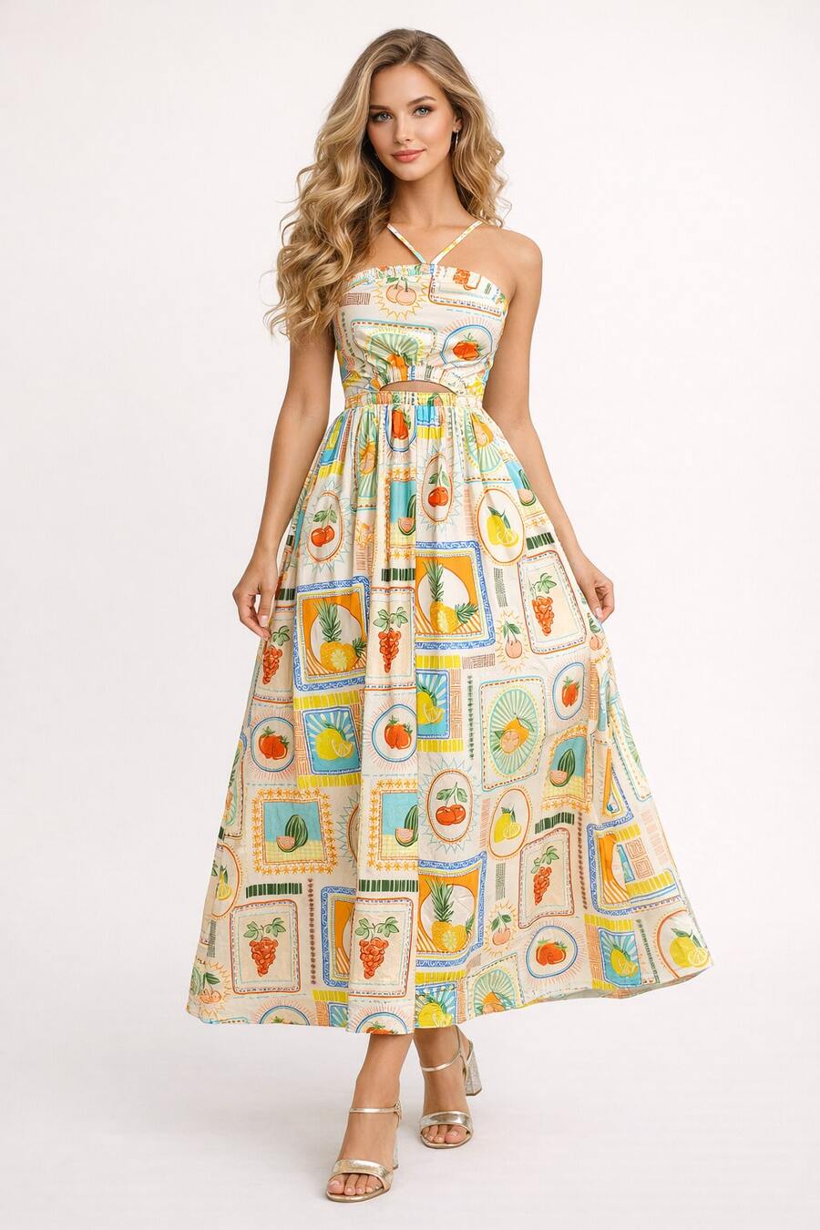 Women's Printed Dress With Thin Criss-Cross Straps At The Front, A Cutout At The Waist, And A Flared Midi Skirt – Romantic Dress With A Chic, Feminine Look And French Inspiration, Ideal For Dates, Parties, Travel, And Elegant Everyday Wear - 杏色 - 查看 1