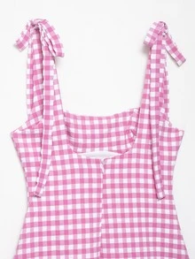 Seelio 夏季新款女士蝴蝶结装饰迷你格子印花连衣裙，优雅粉色 - 粉色 - 查看 9