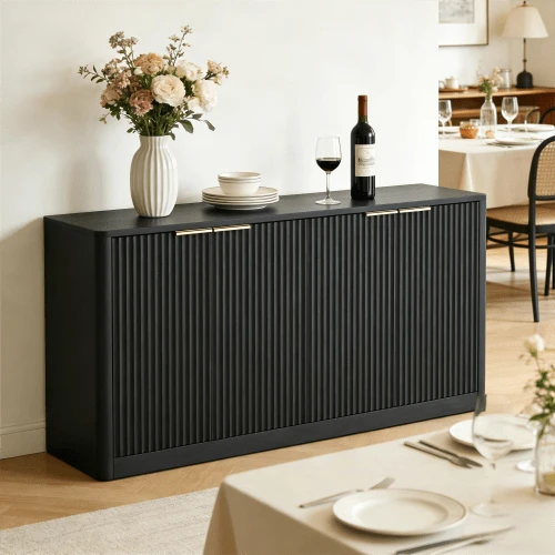 150cm Modern Wavy Side Cabinet, Curved Contour Design, Four Door Storage Cabinet, Suitable For Kitchen/Bedroom/Living Room, Black, 150*40*70.5cm
