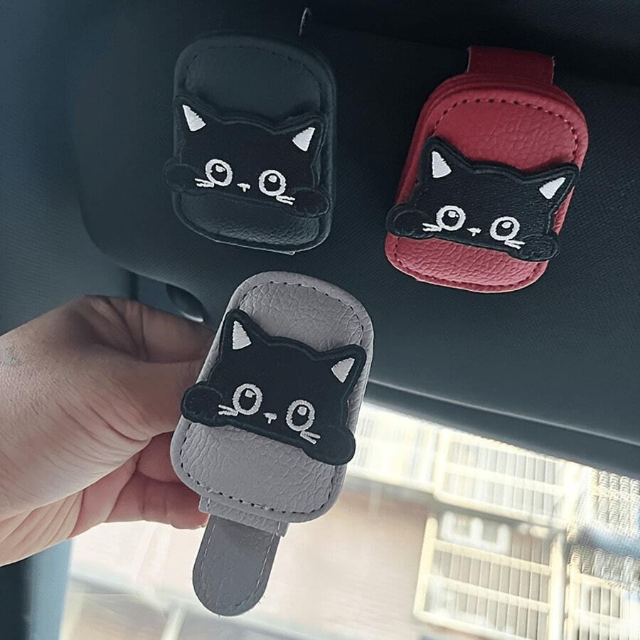 1pc Cute Cat Shaped Magnetic Sunshade Clip, Multi-Functional Card Holder, Durable Faux Leather Car Interior Decor, Interesting Design, Sturdy And Durable - Car Glasses Clip - View 1