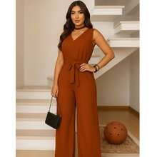 Women's Roman Jumpsuit, Wide Leg, Tie Detail, Elegant, Chic, Simple - 駝色 - 查看 2
