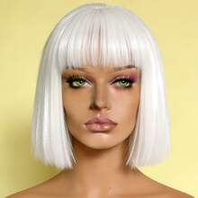 Cyberpunk Bob Wig & Glasses Set - 20+ Neon Colors With Adjustable Fringe | Multi-Tone Synthetic Hair For Cosplay, Rave, Halloween & Daily Bold Fashion (Hot Red/Lime Green/Orange/Light Pink/Plum Purple/Neon Blue/Neon Lilac/Golden Blonde/Black) - 白色 - 查看 2