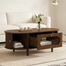 Coffee Table For Living Room, 100 X 50 X 36 Cm, Walnut Finish. Coffee Table With One Drawer, Side Table For Sofa With Roll-Up Door, Side Table, Living Room Table With 4 Support Legs, Walnut Finish. - 胡桃木色 - 查看 4