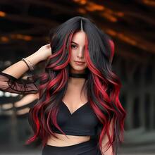 24 Inch Synthetic Wig Designed For Women, With Black And Red Highlights, High Quality Hair Wig - Black - View 4
