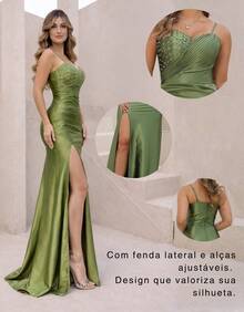 Elegant Bridesmaid Dress With Studded Bust, Adjustable Straps, And Side Slit - Formal For Parties, Evenings, Graduations, And Dinners. - Màu xanh Ô liu - Xem 4