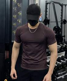 Men's Plain Short Sleeve T-Shirt With Elastane Visco Lycra Mesh - 摩卡棕 - 查看 2