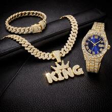 Luxury Iced Out Hip Hop Jewelry Set For Men, KING Pendant Cuban Link Chain Necklace Bracelet & Bling Watch Set, Rapper Style Diamond Look Street Jewelry, T Bling Accessories For Party, Birthday, Anniversary, Valentine's Day Gift For Men - Blue - View 1