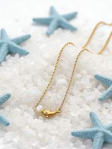 VceTd 1pc Cute Dolphin Shaped Stainless Steel Pendant Necklace With White Bead Decor, Suitable For Women's Beach Vacation Or Daily Wear, Also Makes A Great Gift - Yellow Gold - View 8