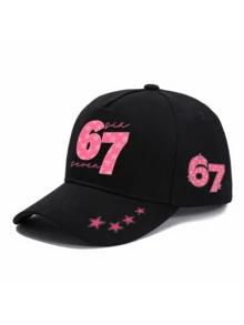 1顶粉色“67”数字印花男女通用弯檐棒球帽，街头时尚户外运动帽，适合日常佩戴和送礼，夏季、海滩、假日、节日、旅行 - 多色 - 查看 1