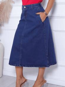 Women's Midi Denim Skirt, Modest Style. - 深色水洗藍 - 查看 1