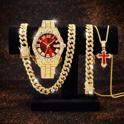 Conjunto de joyería de hip hop para hombres, cadena cubana con diamantes de imitación, colgante de cruz, reloj de esfera verde, pulsera, collar dorado enchapado, accesorios de lujo para raperos, regalo de fiesta de moda callejera