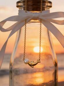 VceTd 1pc Cute Dolphin Shaped Stainless Steel Pendant Necklace With White Bead Decor, Suitable For Women's Beach Vacation Or Daily Wear, Also Makes A Great Gift - Yellow Gold - View 7
