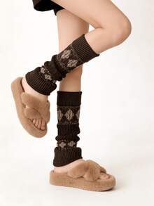 1 đôi tất giữ ấm chân dệt kim họa tiết Fair Isle màu trắng/đen/xám đậm/kaki/nâu cà phê - Nhiều màu - Xem 7