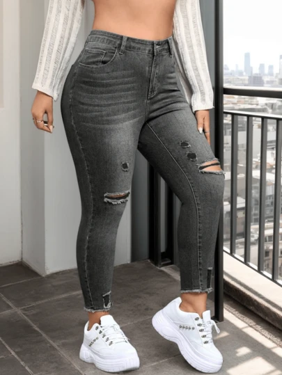 Pantalones de Mezclilla Entallados para Mujer Talla Grande - Con Detalles de Rotura y Bajo Desgastado. ¡Estilo Casual Urbano! Pantalones Vaqueros ajustados elásticos con curvy, Jeans
