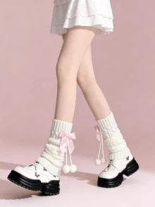 1 đôi tất giữ ấm đùi bằng len dệt kim màu hồng/xanh dương/trắng dễ thương kiểu Lolita với nơ và quả bông. - Nhiều màu - Xem 2