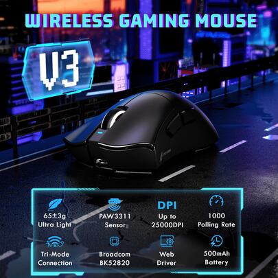 ATTACK SHARK V3 Ultra-Light Wireless Gaming Mouse,PAW3311 Sensor, 500mAh, 62g, 25KDPI 2.4G/BT/USB-C Rechargeable Wireless Mouse With 5 Programmable Buttons For Laptop,PC