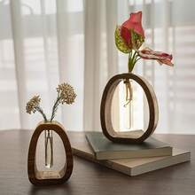 Solid Frame Glass Test Tube Vase, Modern Wooden Glass Test Tube Vase Desk Hydroponic Plant Modern Decorative Hydrophilic Plants Vases Suitable For Home And Office Use Small Size (Small) - B - Xem 2