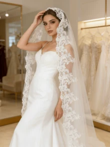 1 chiếc khăn voan cô dâu dài kiểu Waltz, chất liệu voan trắng mềm mại, phù hợp cho lễ cưới nhà thờ, lễ đính hôn, phụ kiện chụp ảnh cưới, không kèm lược cài tóc che mặt. - Nhiều màu - Xem 2