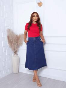 Women's Midi Denim Skirt, Modest Style. - 深色水洗藍 - 查看 3