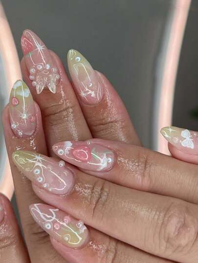 24pcs Strawberry Almond Fake Nails, Almond Press On Nails With Pearl And Butterfly Design, Sweet Cool Full Cover False Nails For Women Girl