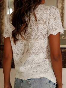 JoWins New Vintage French Elegant Short Sleeve V-Neck Loose Hollow Crochet Lace Blouse, Casual Commuter Wear For Women, Spring/Summer White - White - View 6