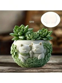Cute Kitten Garden Cement Aromatherapy Plaster Cup Mold DIY Resin Storage Cup Flower Pot Decor Silicone Mold - White - View 1