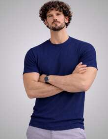 Premium Textured T-Shirt, Men's Casual Textured Knit Shirt - 藍色 - 查看 4