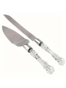 两件套不锈钢蛋糕刀铲套装，包含一把蛋糕刀和一把带塑料水晶手柄的不锈钢铲，适用于婚礼蛋糕、生日、周年纪念日和节日派对。 - 查看 5