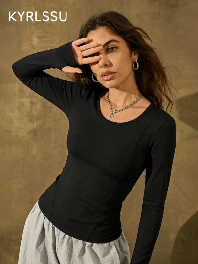 ZULIZ KYRLSSU 女款黑色圆领修身长袖运动上衣，瑜伽运动拇指孔T恤