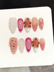 10片中号手工压制假指甲，适合派对和日常佩戴，泼墨花卉装饰，立体花朵，清新自然，易于佩戴。10片Y2K风格手工压制假指甲，适合女士节日、派对、音乐节、日常佩戴、情人节、母亲节礼物。 - 粉色 - 查看 11