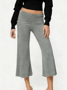Women Solid Color Fold Over Capri Casual Low Rise Straight Wide Leg Cropped Pants Vintage Polka Dots Stripes Printed Three Quarter Trousers Gym Yoga Workout Lounge Wear Bottoms - 灰色 - 查看 3