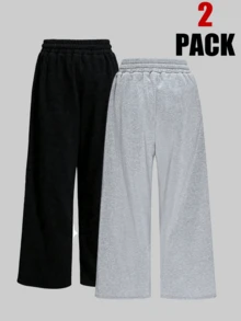 2pcs 2026 Spring/Summer Casual Sweatpants | Women's Grey Wide Leg Joggers | Drawstring Waist, Side Pockets | Loose Fit | Suitable For Lounging, Beachwear And Everyday Wear - Multicolor - View 2
