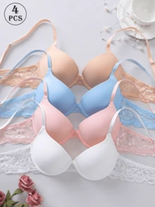 4 Stück Damen Komfort Unterwäsche Kollektion - Luxuriöser Push-Up-BH mit zarten Spitzendetails, hoher Halt und weicher atmungsaktiver Stoff für höchsten Komfort - Verschiedenfarbig - Übersicht 3