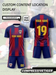 2件套儿童个性化足球服 - 可定制姓名和号码巴塞罗那印花短袖T恤+短裤套装，速干吸汗运动套装，足球俱乐部球员装备，可作为礼物。万圣节、感恩节、圣诞节和新年礼物，时尚、多彩、可爱，旅行收纳包 - 藏蓝色 - 查看 1