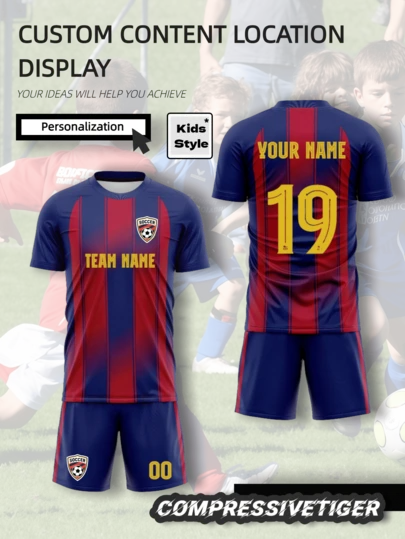 2pcs Kid's Personalized Soccer Jersey - Customizable Name And Number Barcelona Print Short Sleeve T-Shirt + Shorts Co-Ord Quick-Drying Sweat-Absorbing Sports, Football Club Player Set As Gift. Halloween, Thanksgiving, Christmas And New Year Gifts,Modern,Colorful,Cute
