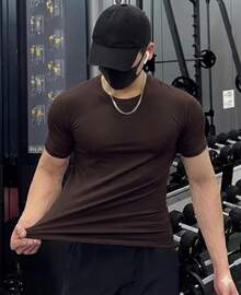 Men's Plain Short Sleeve T-Shirt With Elastane Visco Lycra Mesh - 摩卡棕 - 查看 1