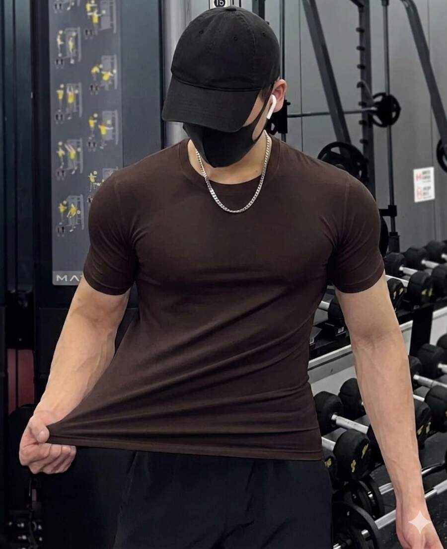 Men's Plain Short Sleeve T-Shirt With Elastane Visco Lycra Mesh - 摩卡棕 - 查看 1
