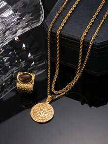 三件套不锈钢男士金色指南针首饰套装，包括指南针项链、虎眼石戒指，适合男士日常佩戴、节日、约会、订婚、结婚等场合作为礼物。 - 金色 - 查看 3