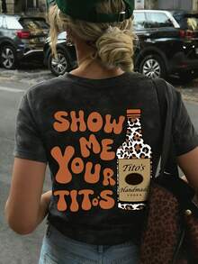 Vintage Washed Leopard Print Tito's Bottle Graphic T-Shirt, Y2K Retro Streetwear Oversized Tee, "Show Me Your Titos" Funny Slogan Top, Soft Casual T-Shirt Suitable For Summer, Festivals And Parties, High Street Style Black - Black - View 8