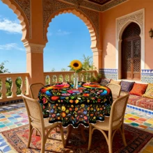 1 pieza Mantel redondo de poliéster con estampado floral y borde en relieve, adecuado para uso en interiores y exteriores, decoración del hogar, ideal para el Día de la Madre, bodas, cumpleaños, aniversarios, decoración de primavera y verano - A - Ver 4