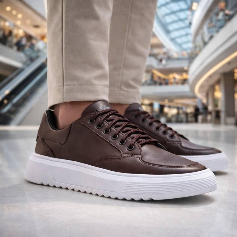 Men's Lace-Up Sneakers, Modern Casual Style, High Sole, Comfortable, Soft Lined Insole - 咖啡棕 - 查看 1