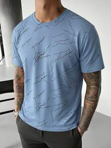 3pcs Black + Blue + Khaki, Men's Printed Round Neck Casual Short Sleeve Tees, Quick-Dry Breathable Fabric, Suitable For Daily Casual, Commuting, Outdoor Sports - Black - View 2