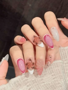 10片中号手工压制假指甲，适合派对和日常佩戴，泼墨花卉装饰，立体花朵，清新自然，易于佩戴。10片Y2K风格手工压制假指甲，适合女士节日、派对、音乐节、日常佩戴、情人节、母亲节礼物。 - 粉色 - 查看 4